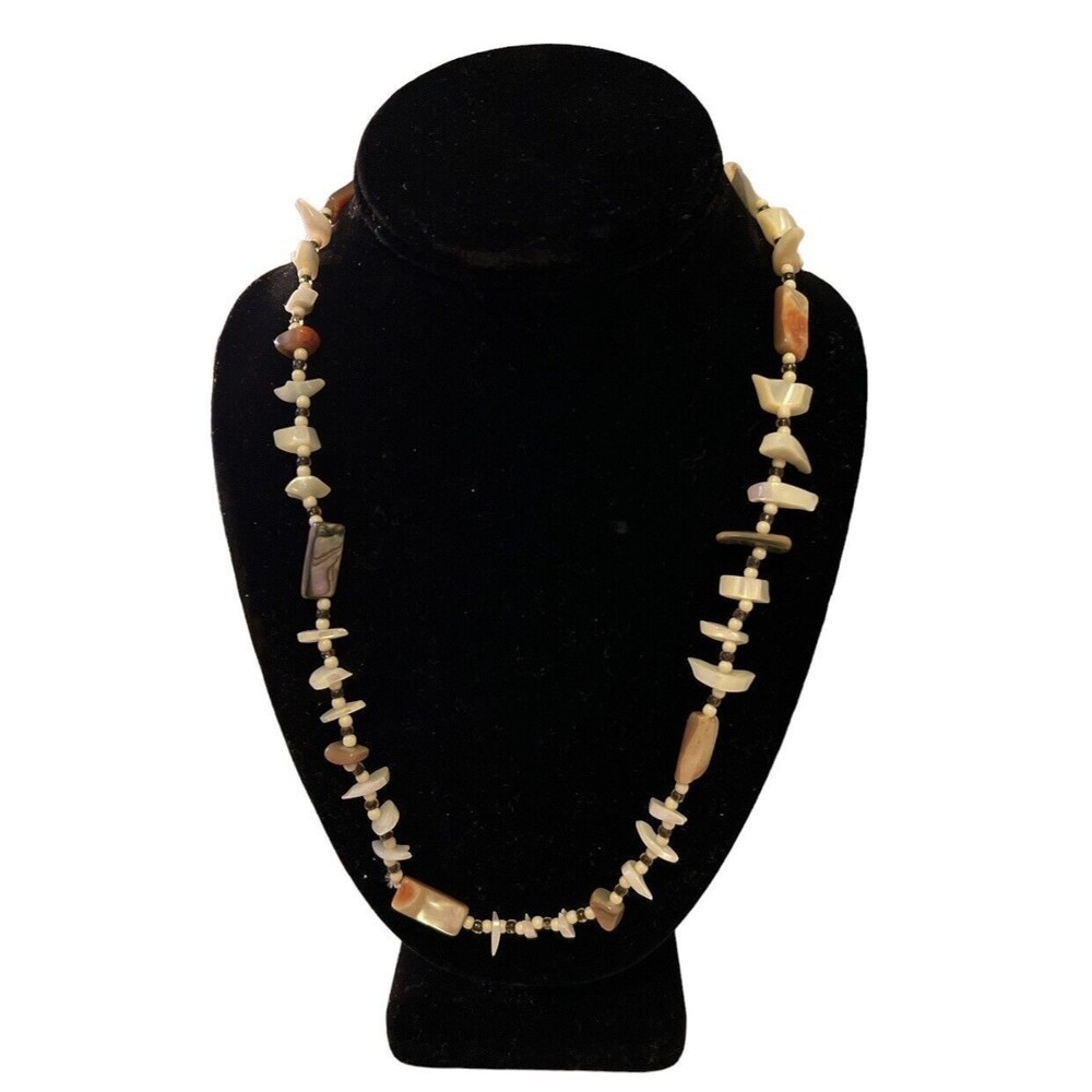 Vintage Mother Of Pearl Abalone Long Beaded Strand Necklace 18”